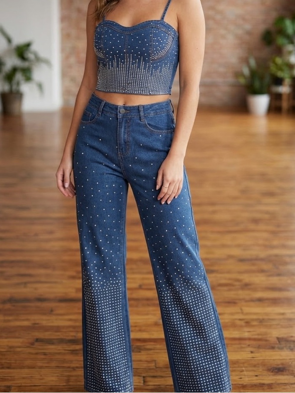 NWT Chicways Denim Rhinestone Embellished Matching Set Wide Leg Jeans Crop Top